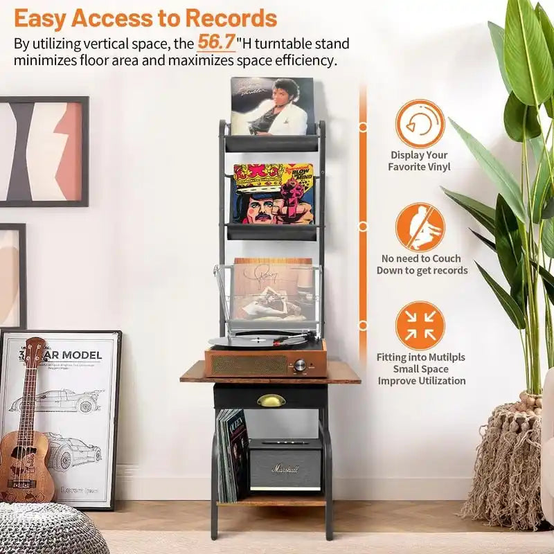 Meuble tourne-disque avec rangement pour vinyles - 13,8 L x 11,8 l x 56,7 H