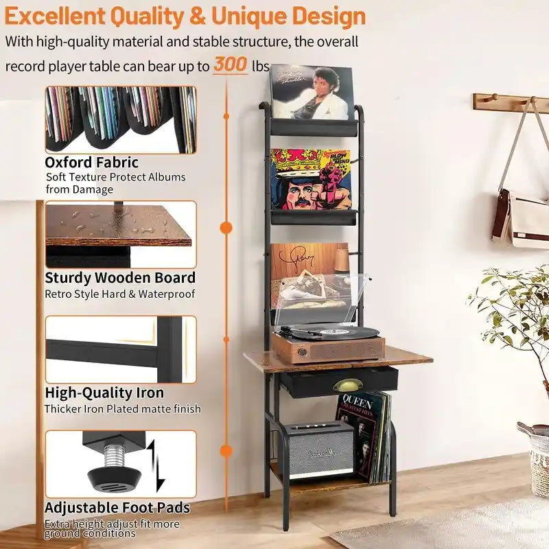 Meuble tourne-disque avec rangement pour vinyles - 13,8 L x 11,8 l x 56,7 H