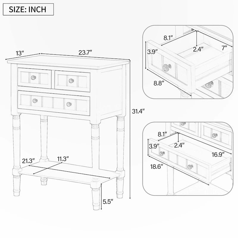 Console étroite avec tiroirs et étagère inférieure