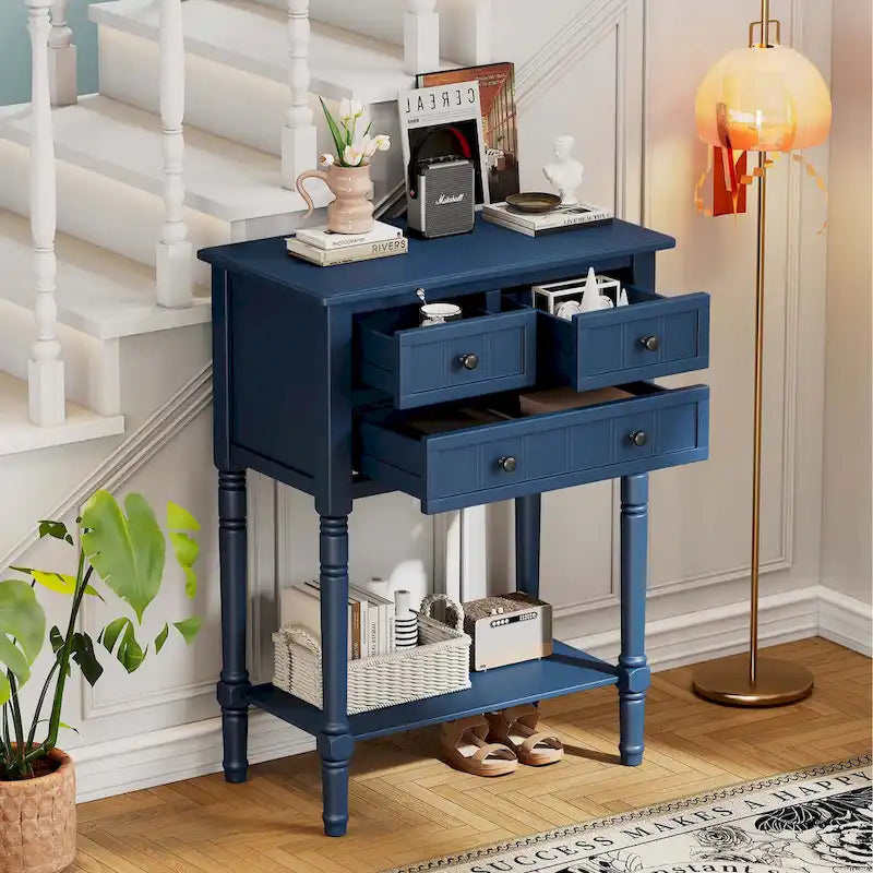 Console étroite avec tiroirs et étagère inférieure