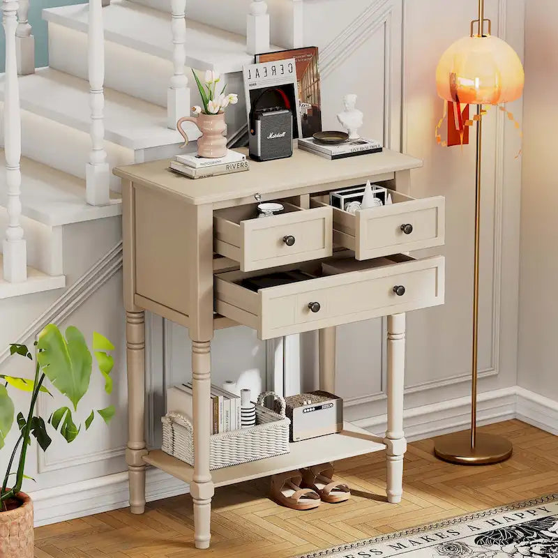 Console étroite avec tiroirs et étagère inférieure
