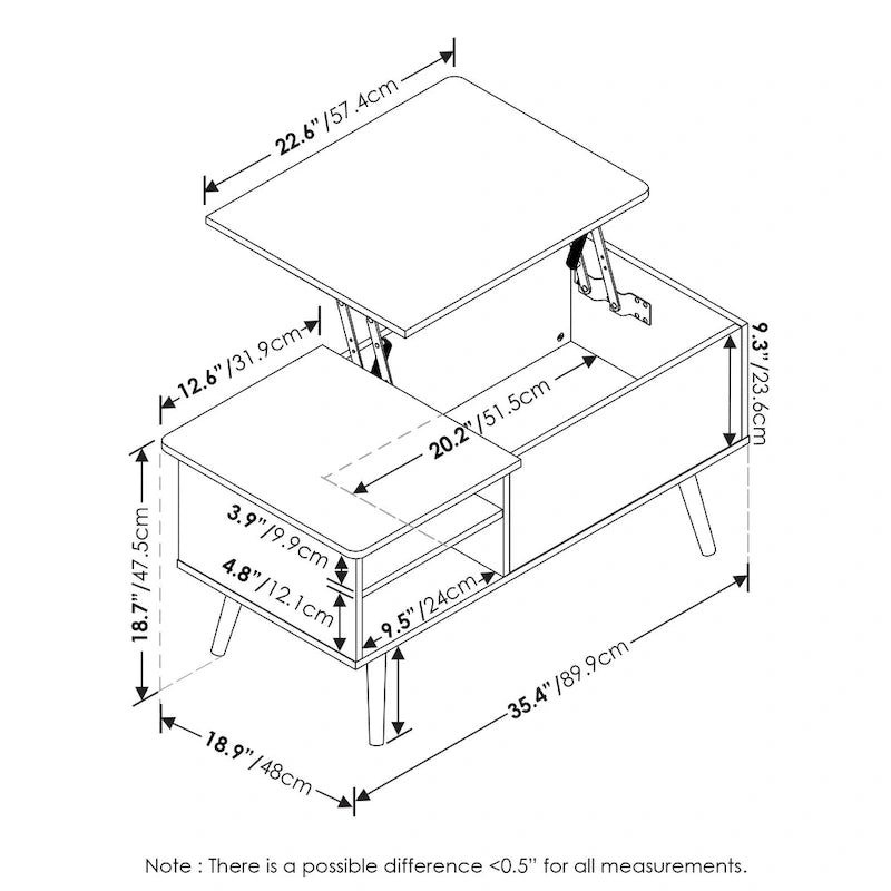 Table basse relevable avec pieds en bois