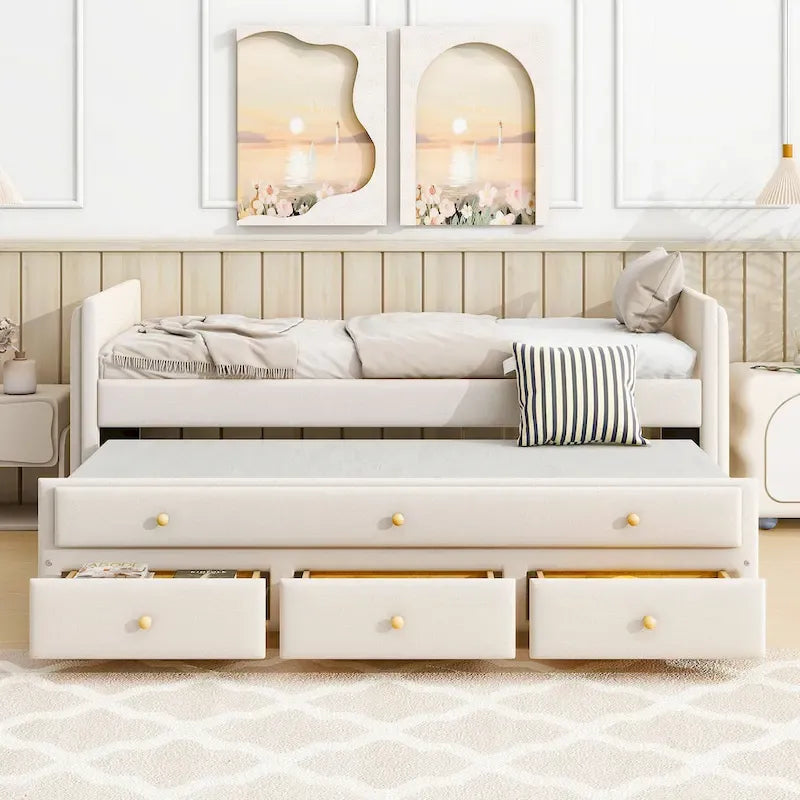 Lit de repos capitonné pour lit jumeau avec lit gigogne et tiroirs, velours, beige