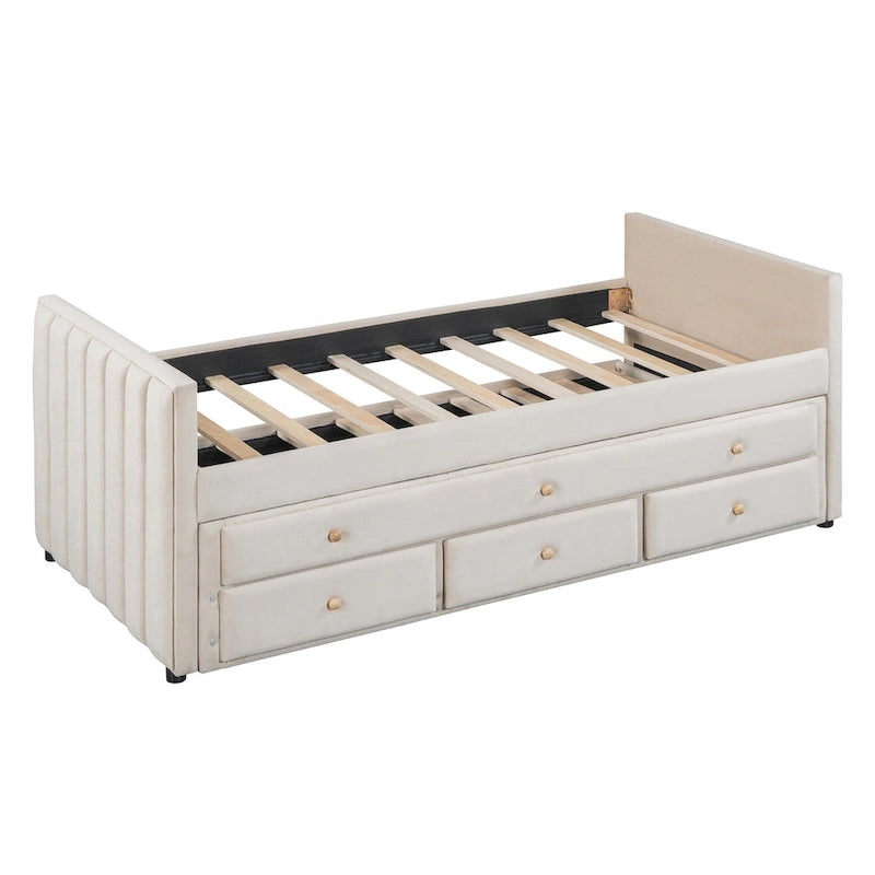 Lit de repos capitonné pour lit jumeau avec lit gigogne et tiroirs, velours, beige
