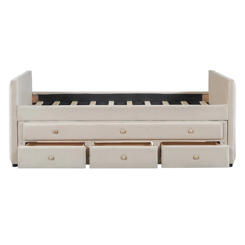 Lit de repos capitonné pour lit jumeau avec lit gigogne et tiroirs, velours, beige