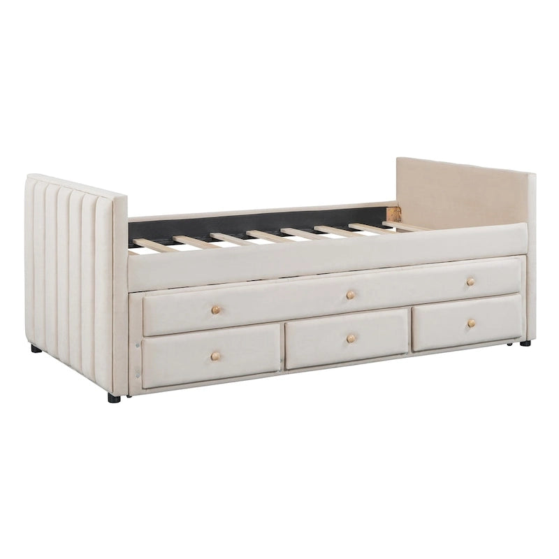 Lit de repos capitonné pour lit jumeau avec lit gigogne et tiroirs, velours, beige