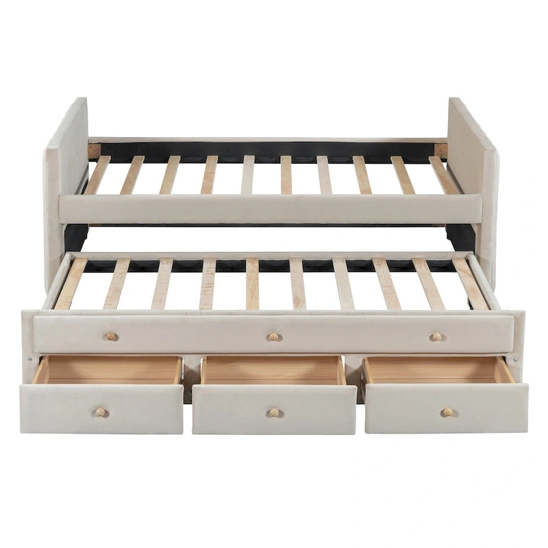 Lit de repos capitonné pour lit jumeau avec lit gigogne et tiroirs, velours, beige