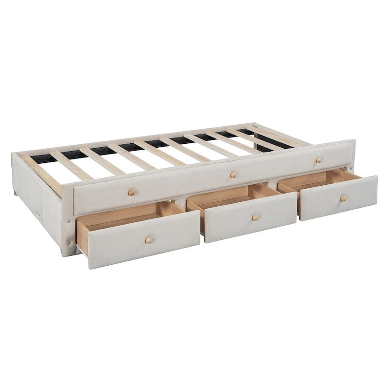 Lit de repos capitonné pour lit jumeau avec lit gigogne et tiroirs, velours, beige