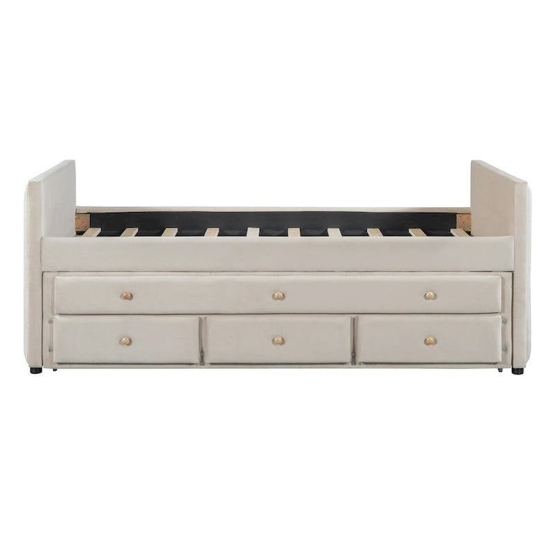 Lit de repos capitonné pour lit jumeau avec lit gigogne et tiroirs, velours, beige