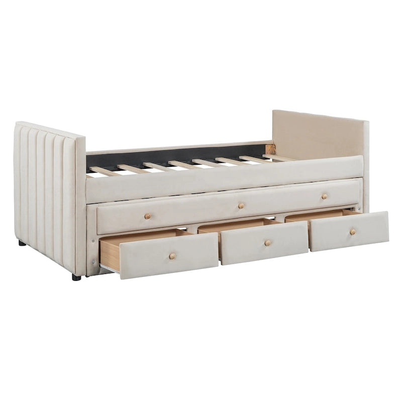 Lit de repos capitonné pour lit jumeau avec lit gigogne et tiroirs, velours, beige