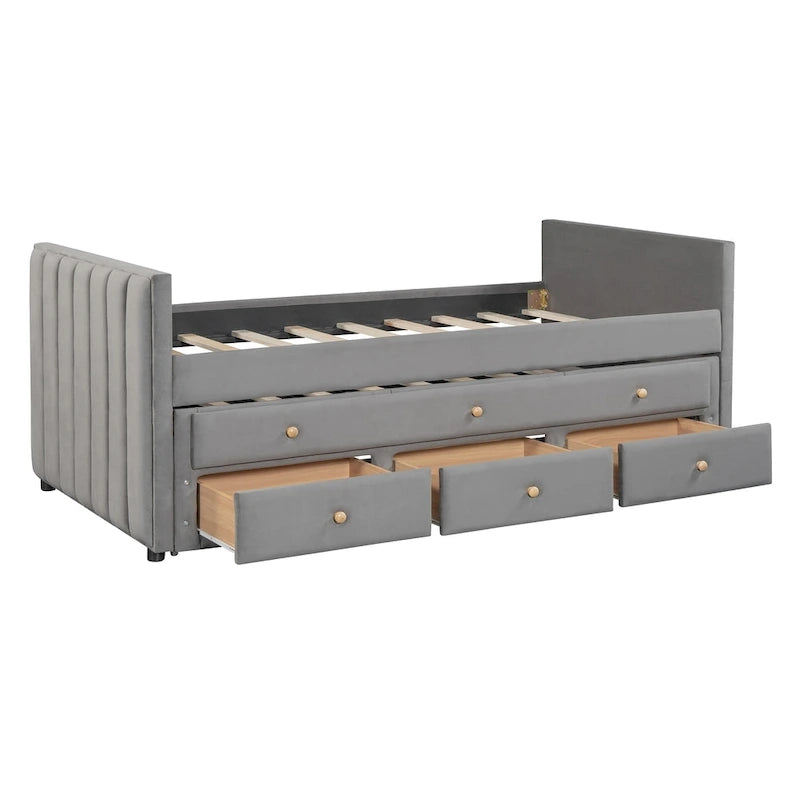 Lit de repos capitonné pour lit jumeau avec lit gigogne et tiroirs, velours, beige