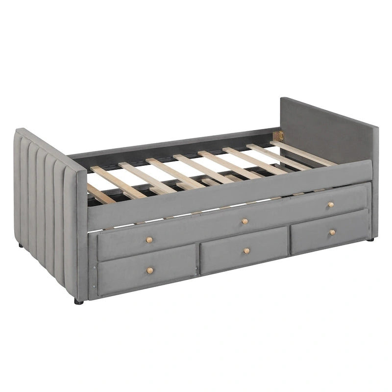 Lit de repos capitonné pour lit jumeau avec lit gigogne et tiroirs, velours, beige
