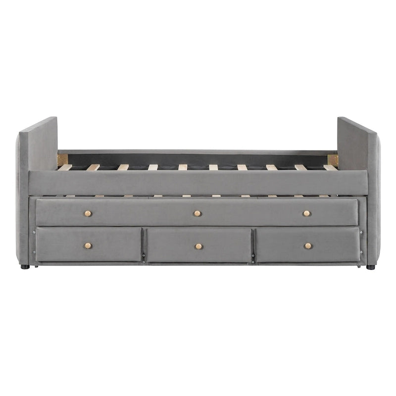 Lit de repos capitonné pour lit jumeau avec lit gigogne et tiroirs, velours, beige