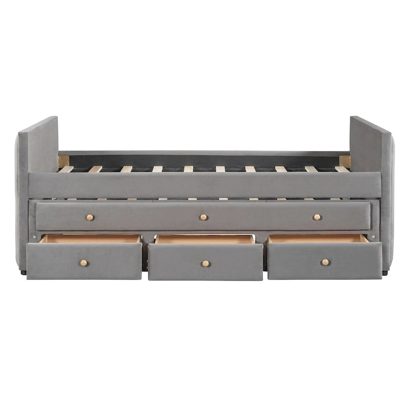 Lit de repos capitonné pour lit jumeau avec lit gigogne et tiroirs, velours, beige