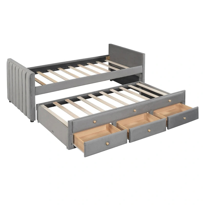 Lit de repos capitonné pour lit jumeau avec lit gigogne et tiroirs, velours, beige