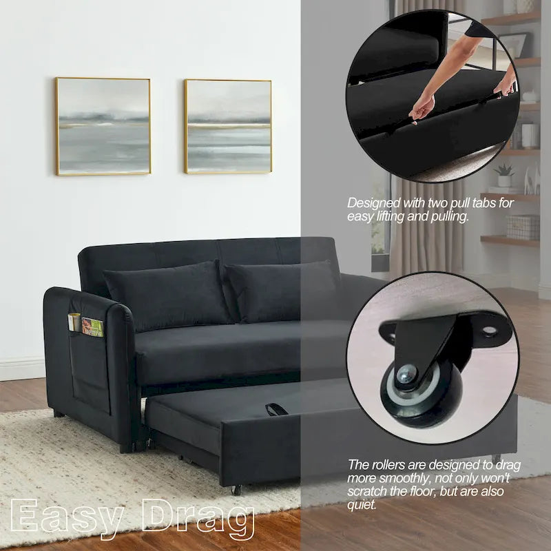 Canapé double en velours polyvalent 3-en-1 avec lit gigogne