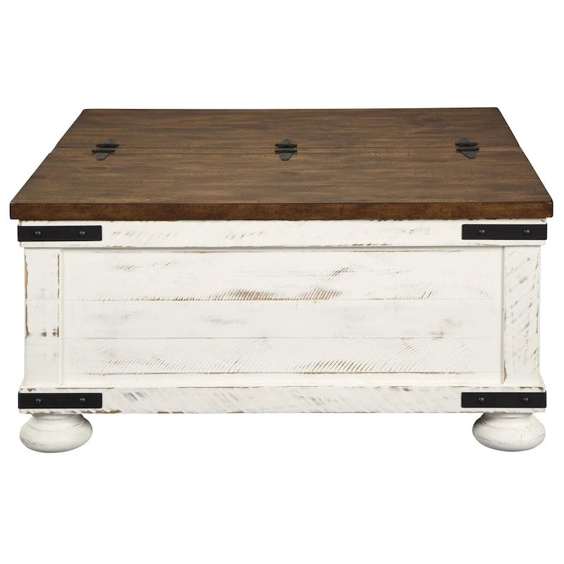 Table basse bicolore de style rustique avec plateau relevable et rangement, marron et blanc