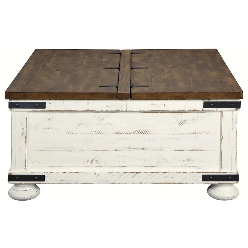 Table basse bicolore de style rustique avec plateau relevable et rangement, marron et blanc