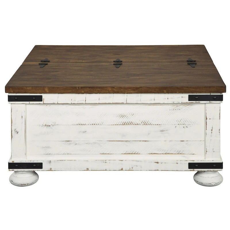 Table basse bicolore de style rustique avec plateau relevable et rangement, marron et blanc