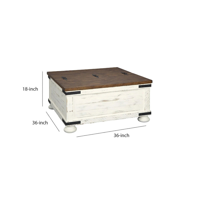 Table basse bicolore de style rustique avec plateau relevable et rangement, marron et blanc