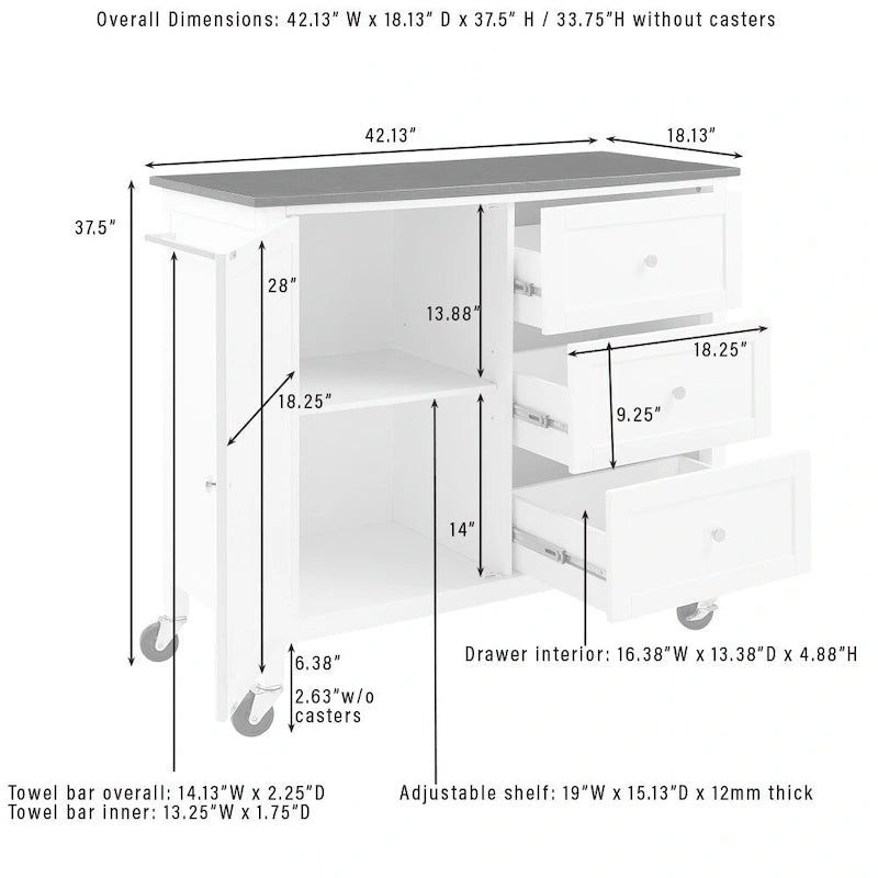 Îlot/desserte de cuisine avec plateau en bois - 18 p x 42,13 l x 37,5 h