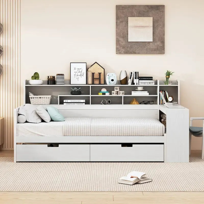 Lit de repos une place en bois avec étagères de rangement