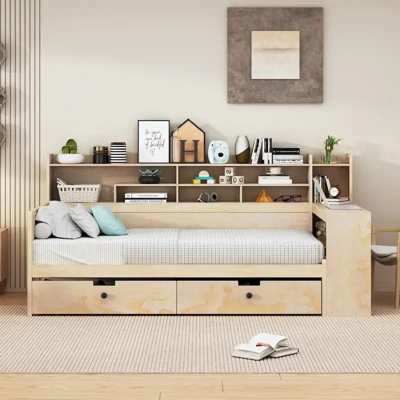 Lit de repos une place en bois avec étagères de rangement