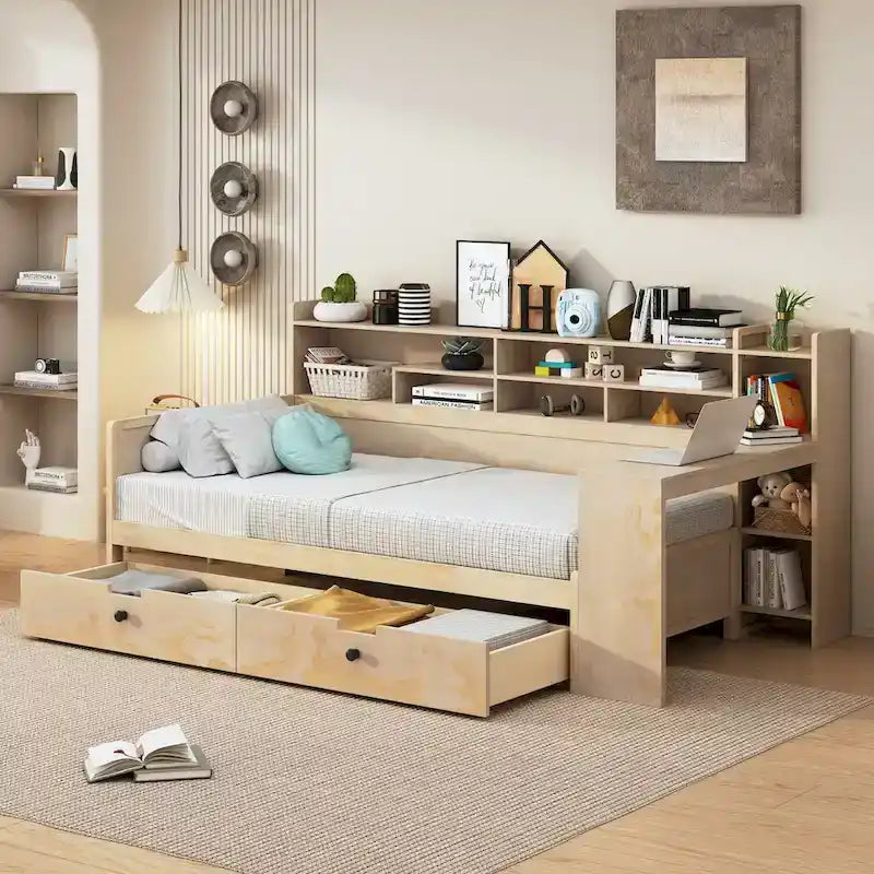 Lit de repos une place en bois avec étagères de rangement