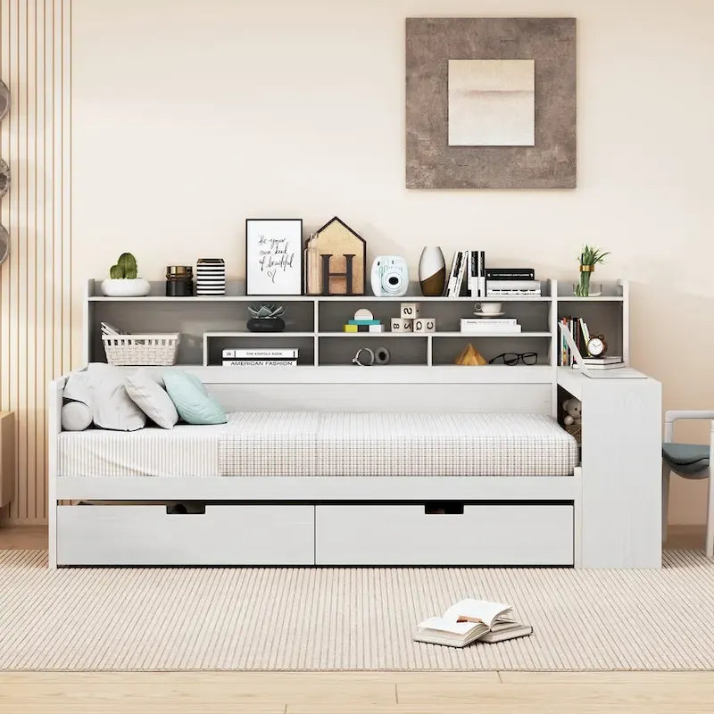 Lit de repos une place en bois avec étagères de rangement