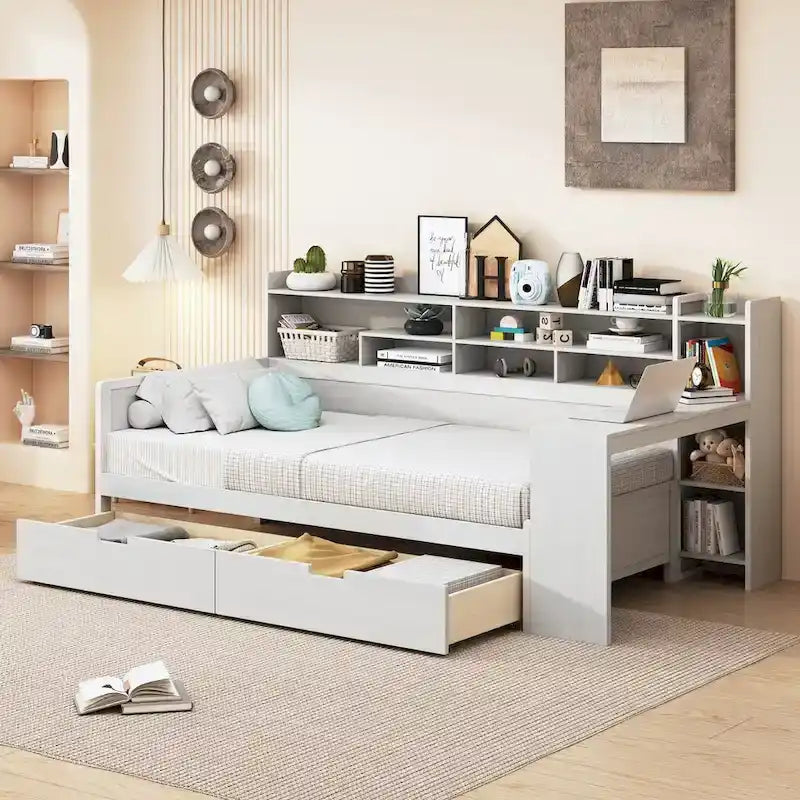 Lit de repos une place en bois avec étagères de rangement