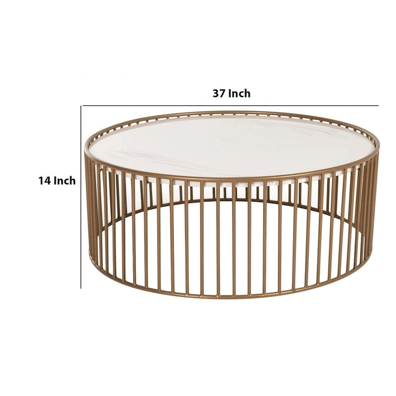 Table basse ronde en métal ardoisé avec plateau de service imitation marbre, doré et blanc