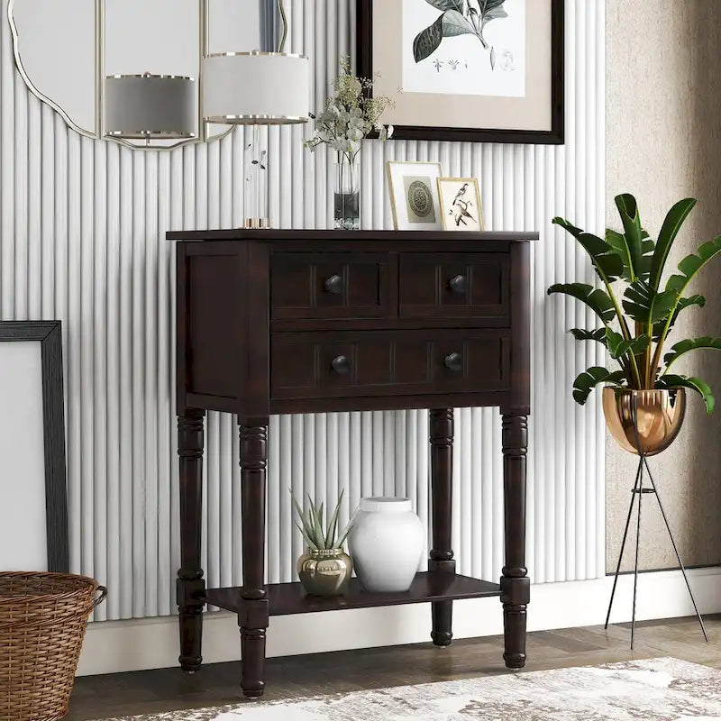 Console étroite, Table d'appoint avec 3 tiroirs de rangement et étagère inférieure
