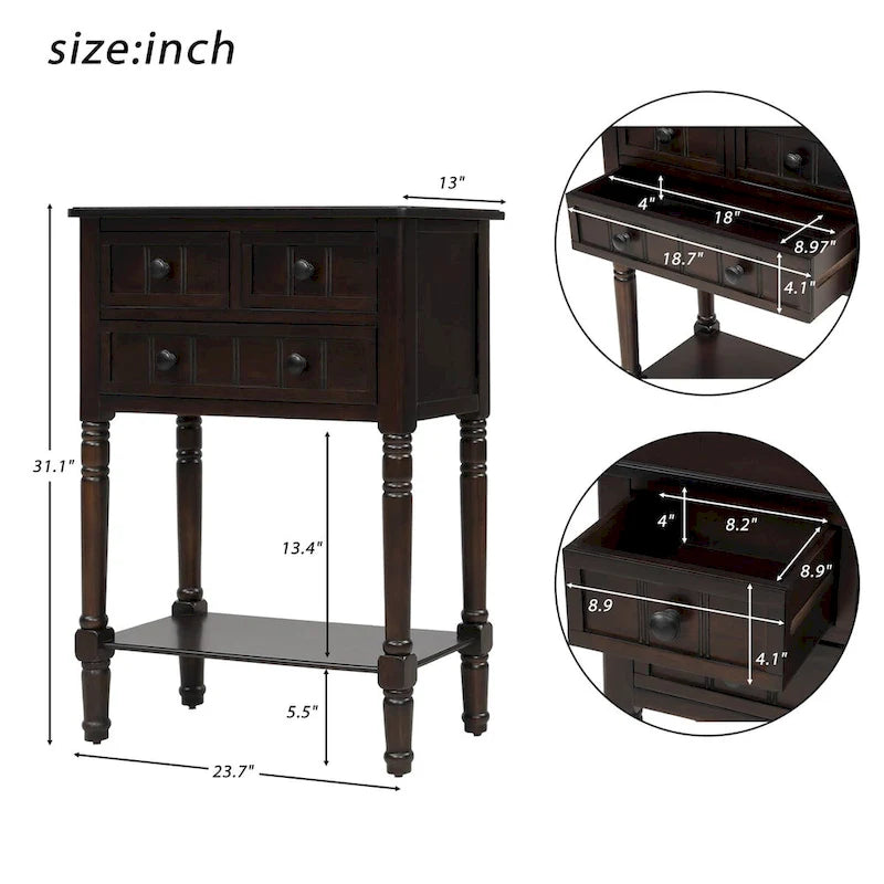 Console étroite, Table d'appoint avec 3 tiroirs de rangement et étagère inférieure