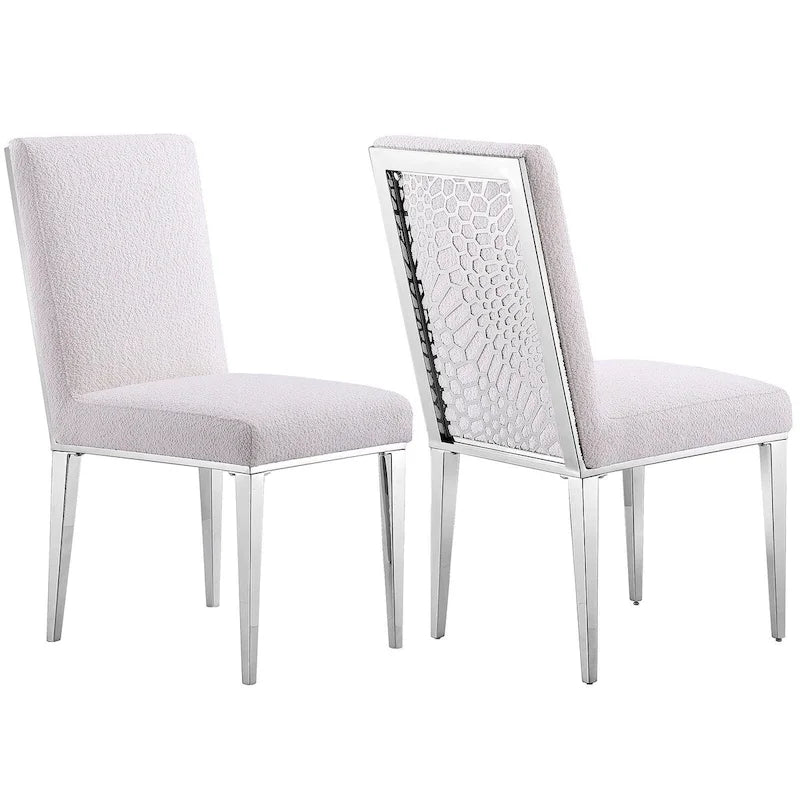 Chaises de salle à manger luxueuses en bouclé blanc avec pieds en métal argenté effet miroir