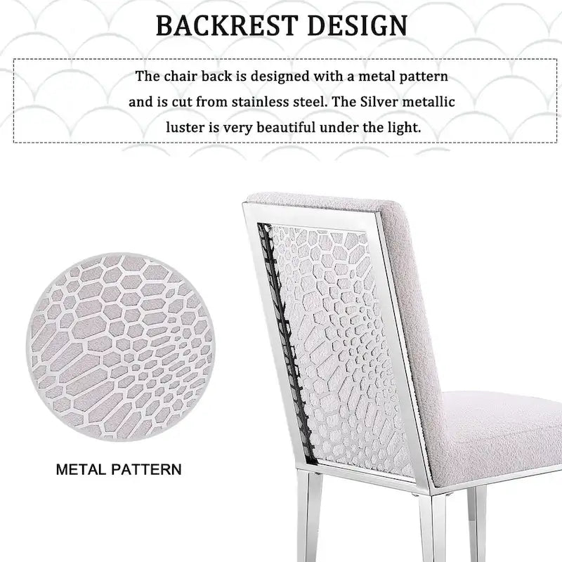 Chaises de salle à manger luxueuses en bouclé blanc avec pieds en métal argenté effet miroir