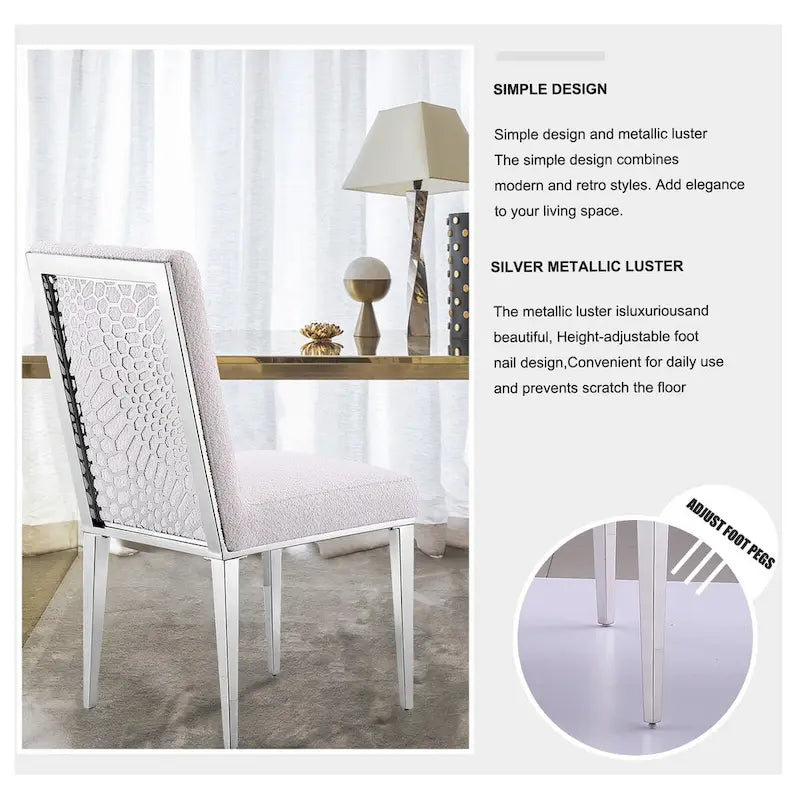 Chaises de salle à manger luxueuses en bouclé blanc avec pieds en métal argenté effet miroir
