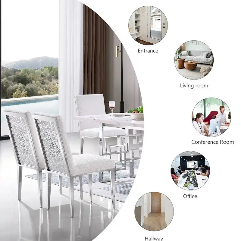 Chaises de salle à manger luxueuses en bouclé blanc avec pieds en métal argenté effet miroir