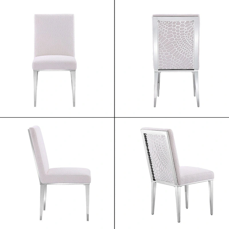 Chaises de salle à manger luxueuses en bouclé blanc avec pieds en métal argenté effet miroir