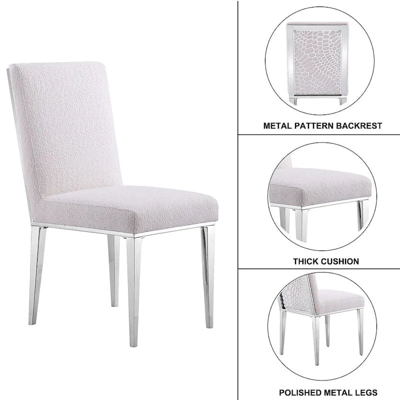 Chaises de salle à manger luxueuses en bouclé blanc avec pieds en métal argenté effet miroir