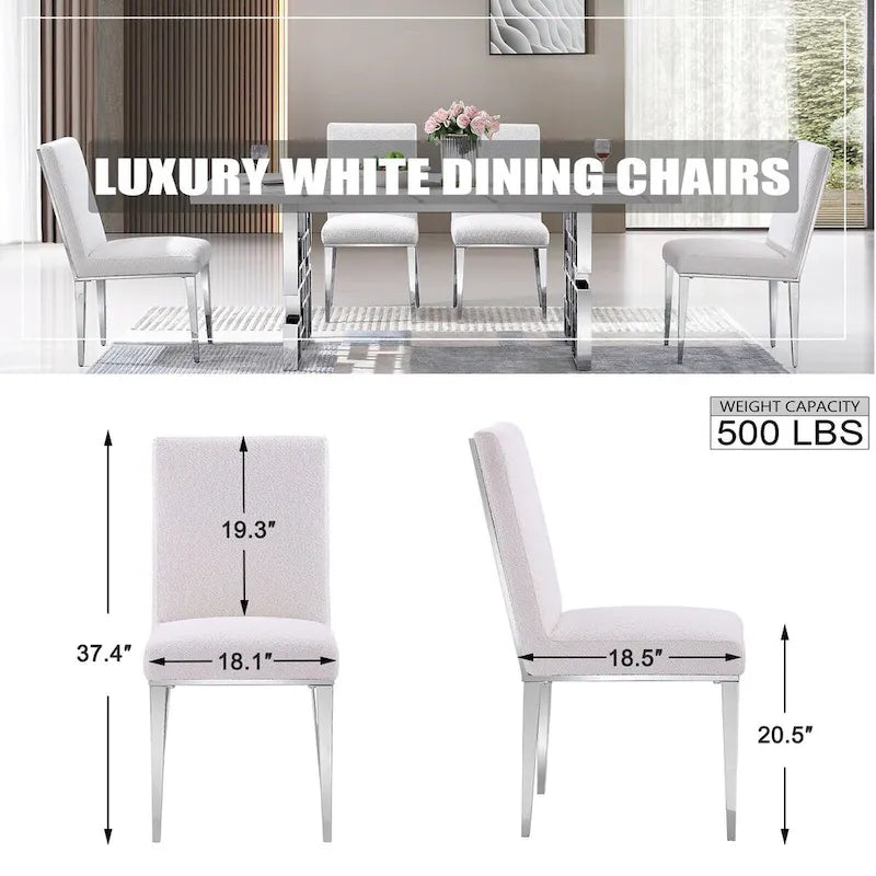 Chaises de salle à manger luxueuses en bouclé blanc avec pieds en métal argenté effet miroir