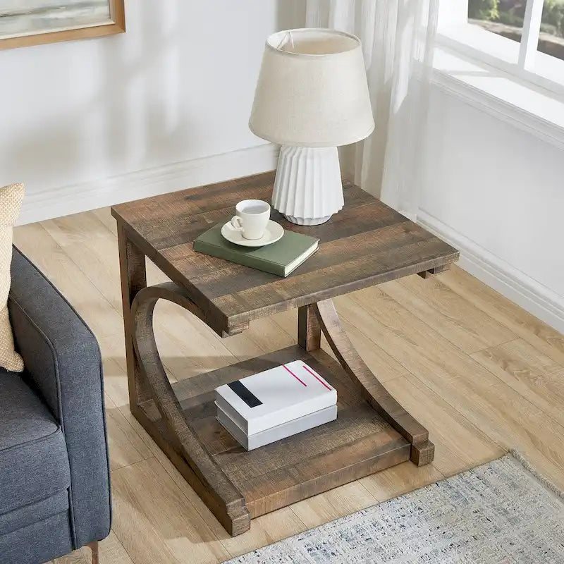 Table basse unique en bois massif avec étagère de rangement