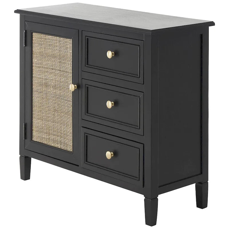 Meuble de rangement artisanal en bois avec trois tiroirs et une porte
