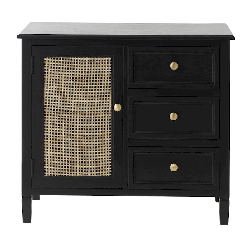 Meuble de rangement artisanal en bois avec trois tiroirs et une porte