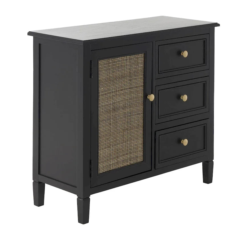 Meuble de rangement artisanal en bois avec trois tiroirs et une porte
