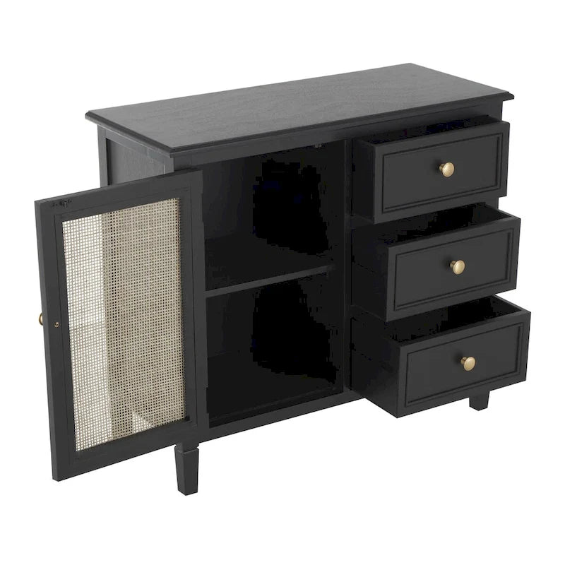 Meuble de rangement artisanal en bois avec trois tiroirs et une porte