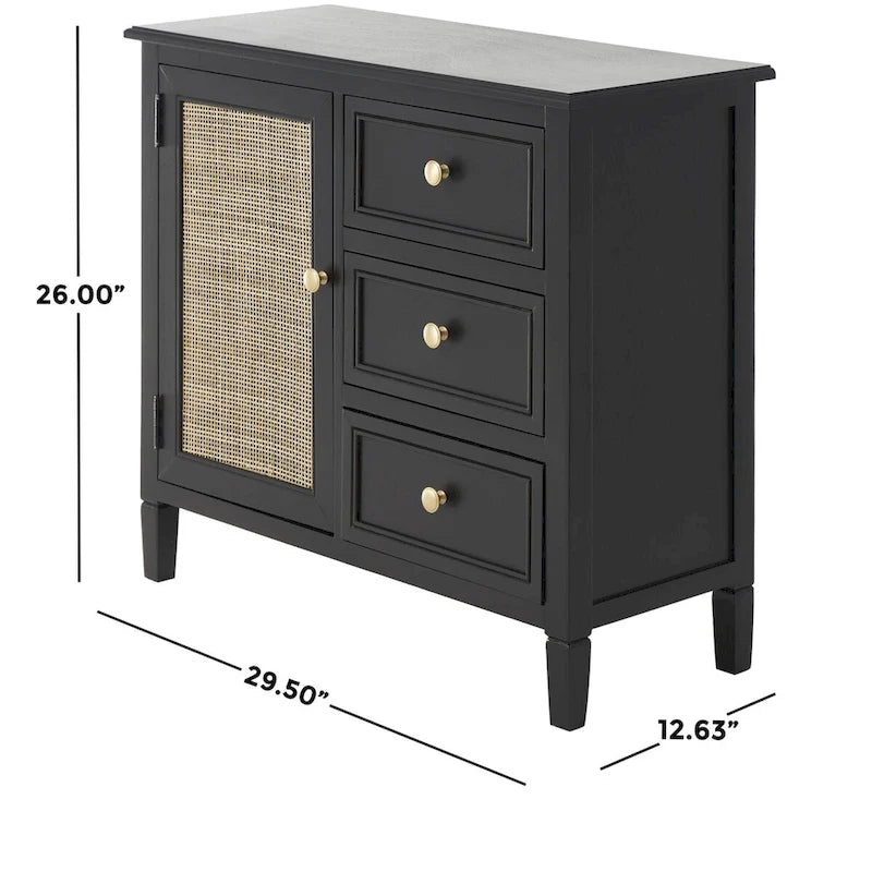 Meuble de rangement artisanal en bois avec trois tiroirs et une porte